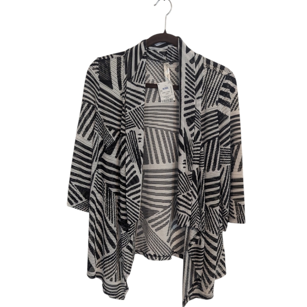 NWT PerSeption Concept Black White Abstract 3/4 Sleeves Open Cardigan Women L